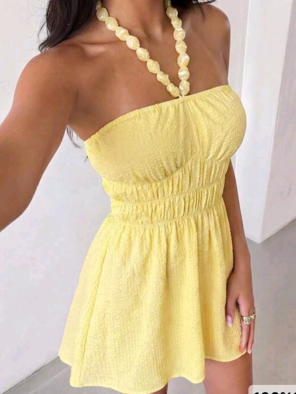 Strapless Smocked Mini Dress in Lemon Yellow